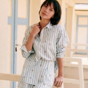 Sezane Maxy Shirt in Flowers on Blue Stripes size 44
